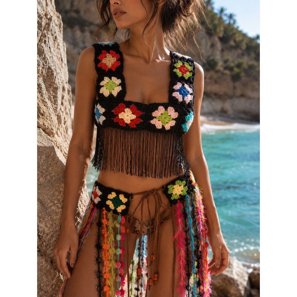Upcycled Crochet Granny Square Floral Festival Set Fringe Ibiza Boho S/M Multi